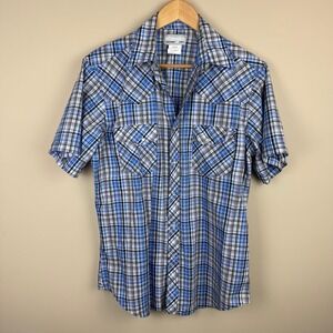 Wrangler Wrancher Western Plaid Short Sleeve Shirt Mens Medium Blue Black Purple